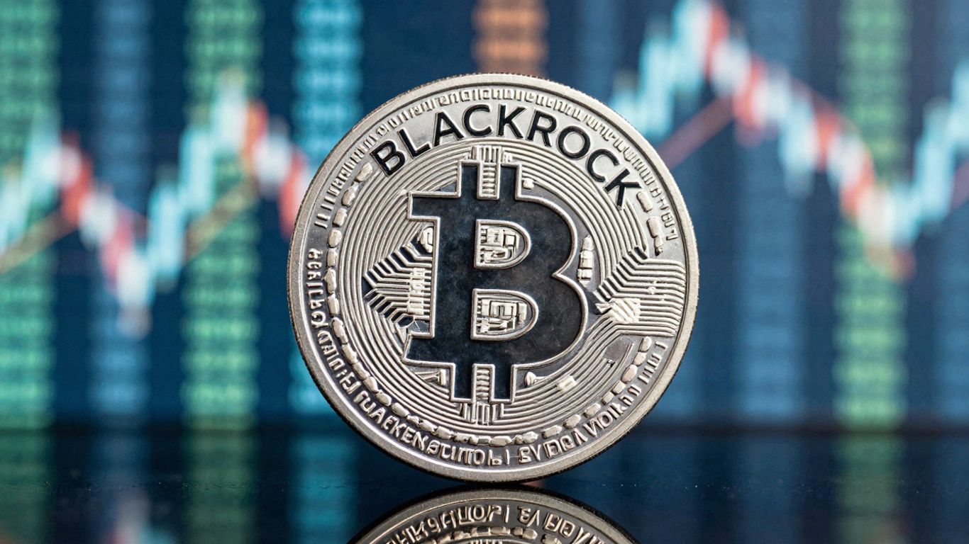 BlackRock crypto ETF coin with financial data background.
