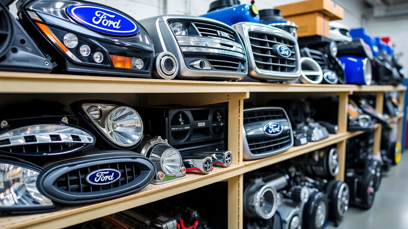 Ford car parts on a shelf
