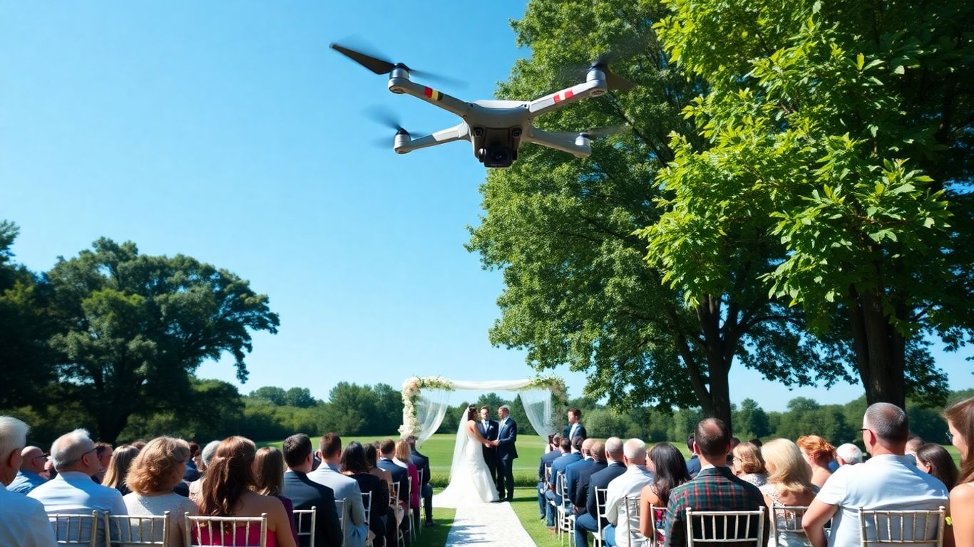 Drone view of a wedding ceremony from above.