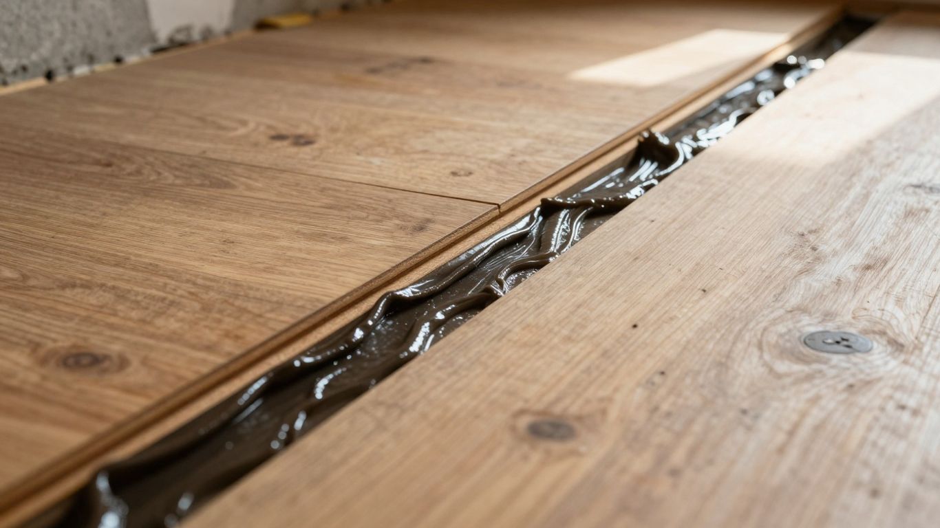 Wood floor installation with acoustic sealant.