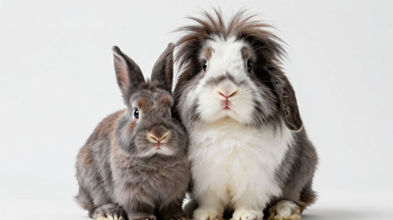 Adorable Lionhead rabbits, male and female, with fluffy manes.