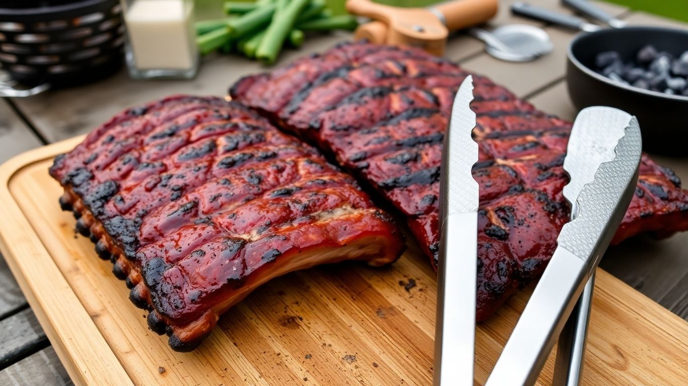 Stainless steel grilling tongs with barbecue ribs outdoors
