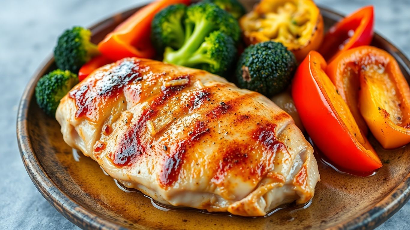 High protein lunch with chicken and roasted vegetables.