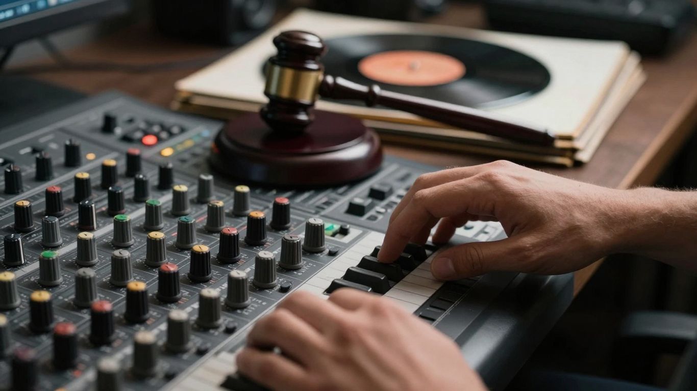 Music producer's hands, gavel, vinyl records, legal dispute.