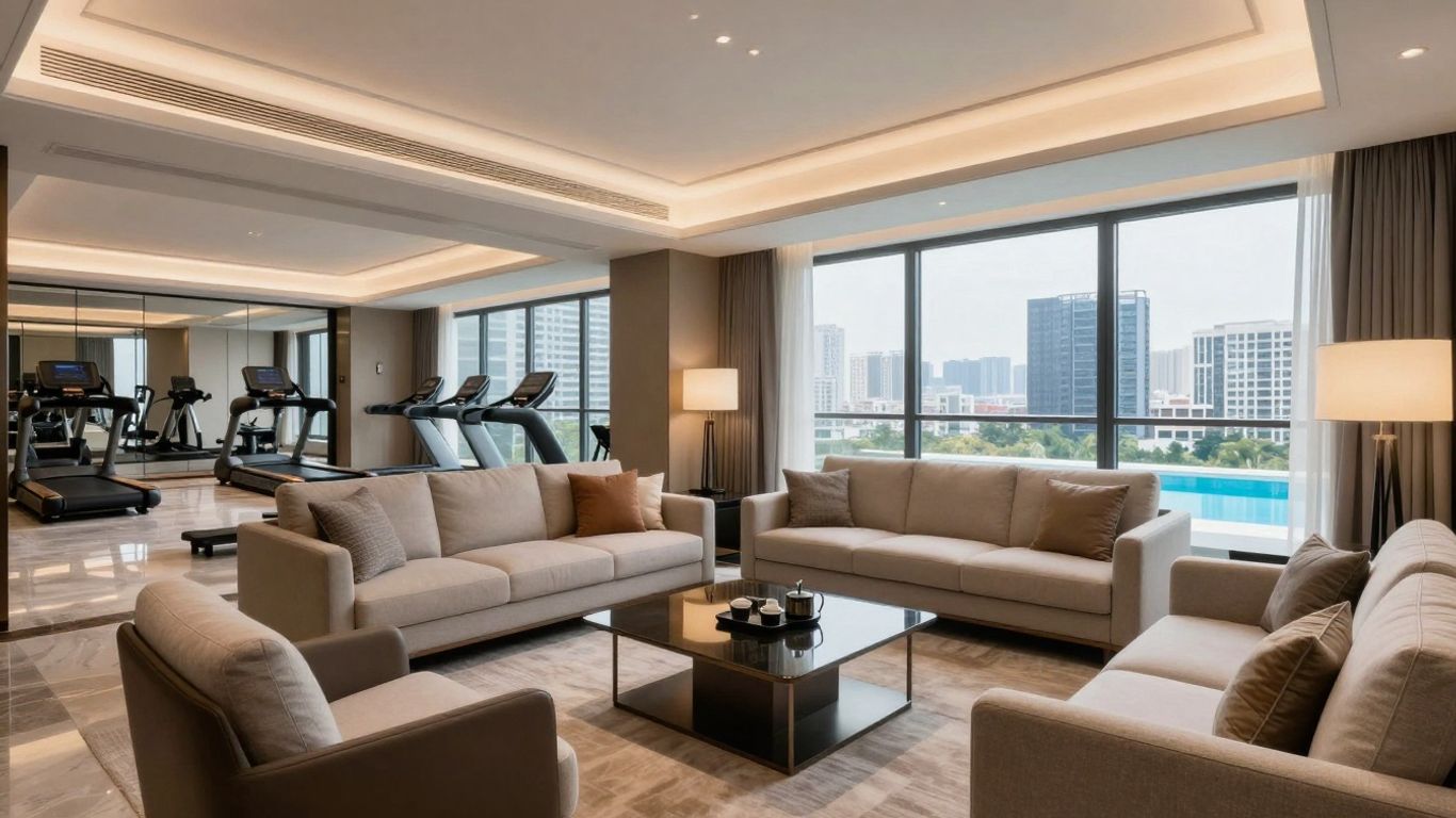 Luxurious serviced apartment interior with city view and amenities.