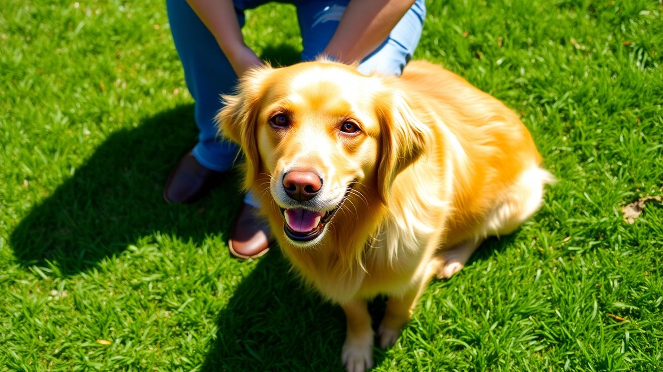 Golden retriever sits with owner on green grass