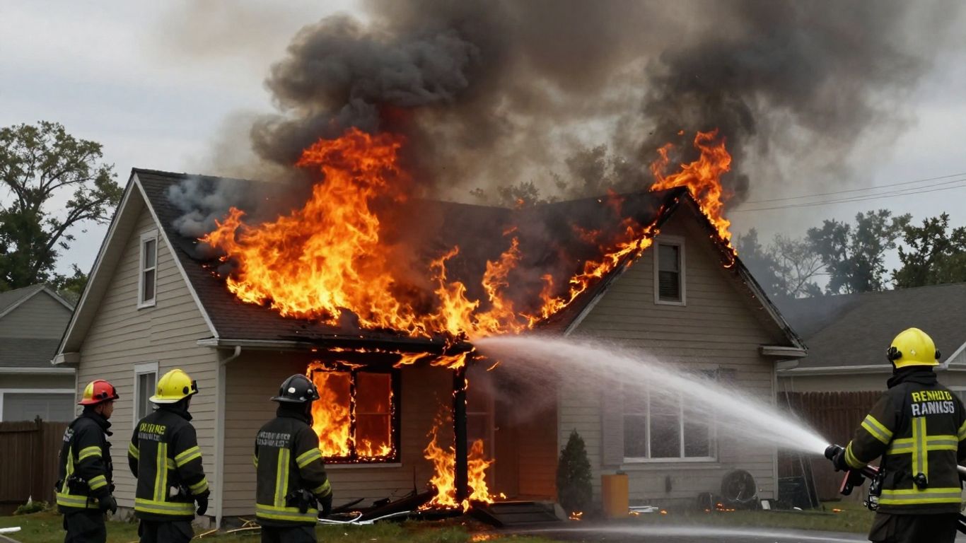 Casa en llamas con bomberos extinguiendo el fuego.