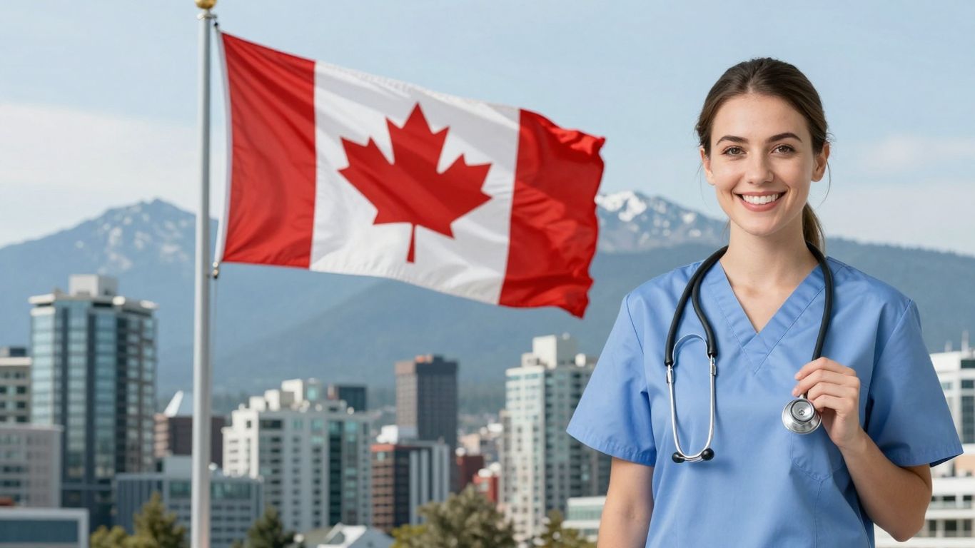 Nurse in Canada with Canadian flag and cityscape.