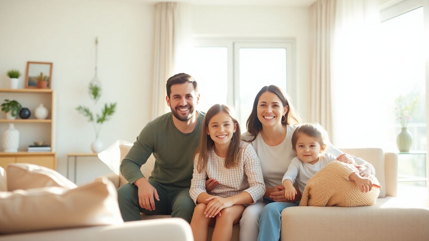 Familia feliz en una casa segura y protegida.