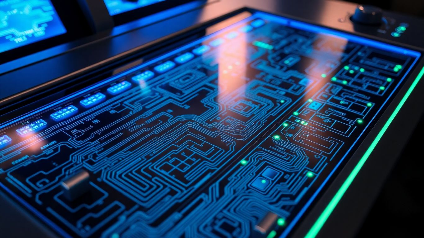 Advanced control panel with glowing lights and circuitry.