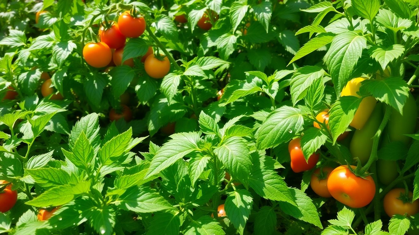 Lush vegetable garden with healthy plants and dewdrops.