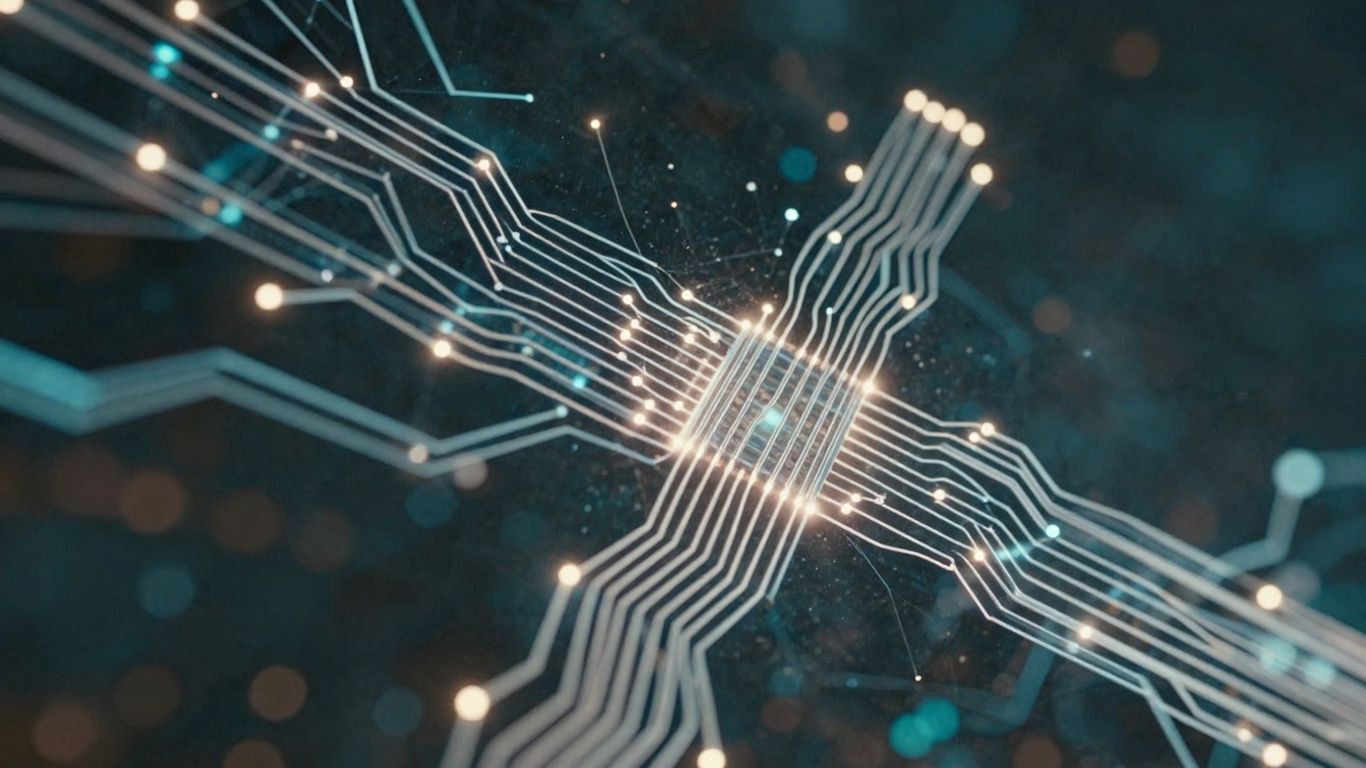 Futuristic technology abstract with glowing circuits and light trails.