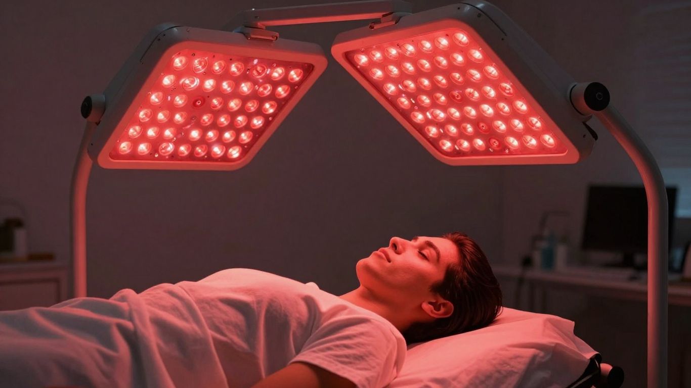 Person receiving red light therapy treatment.