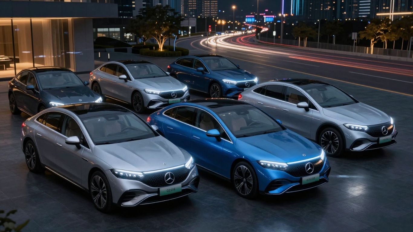Mercedes EQ electric car lineup with futuristic design.