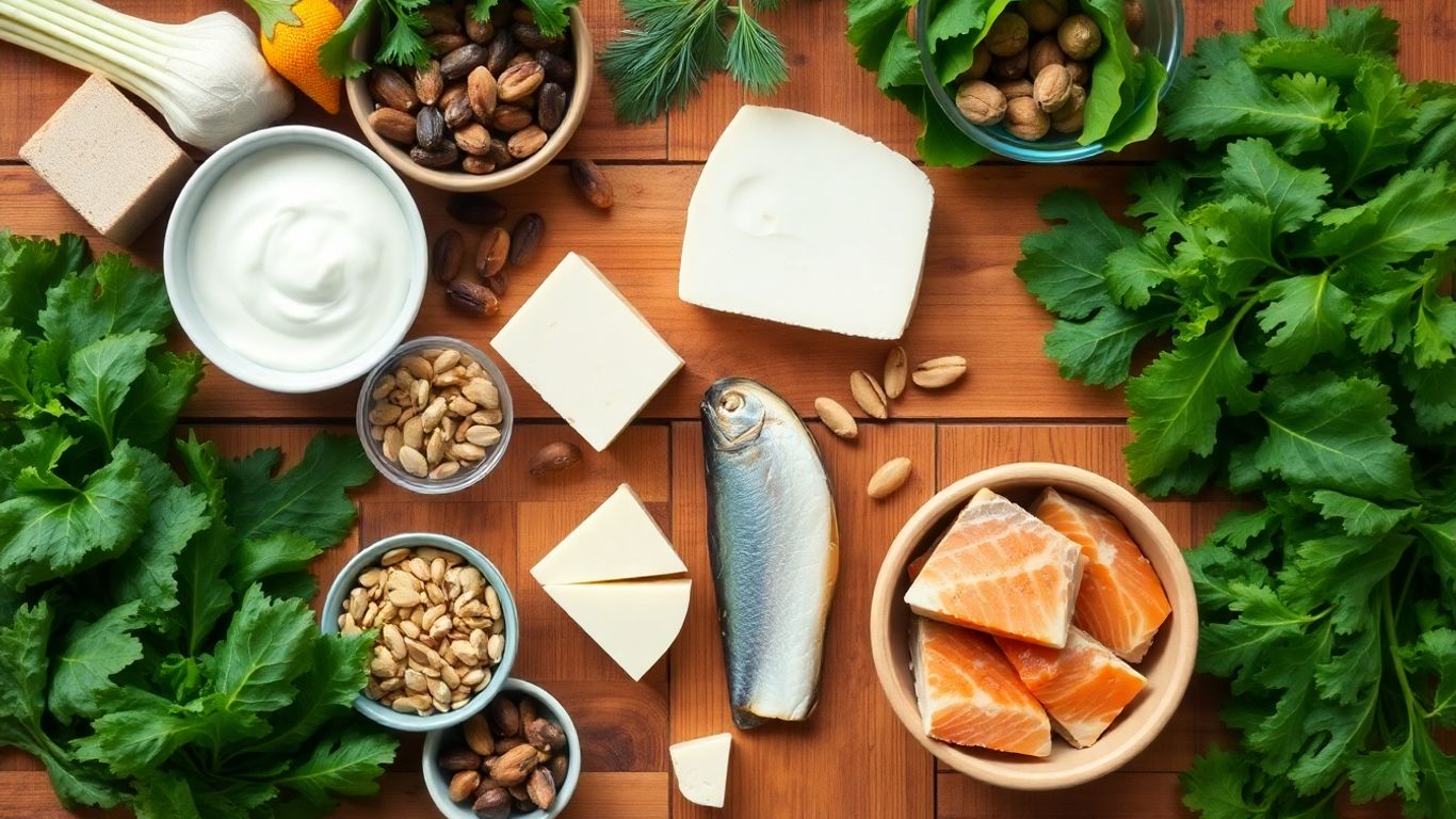 Bone-healthy foods arranged attractively on a wooden table.
