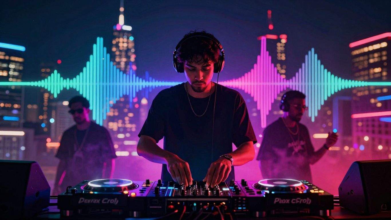 EDM and Hip Hop fusion with neon cityscape and soundwaves.