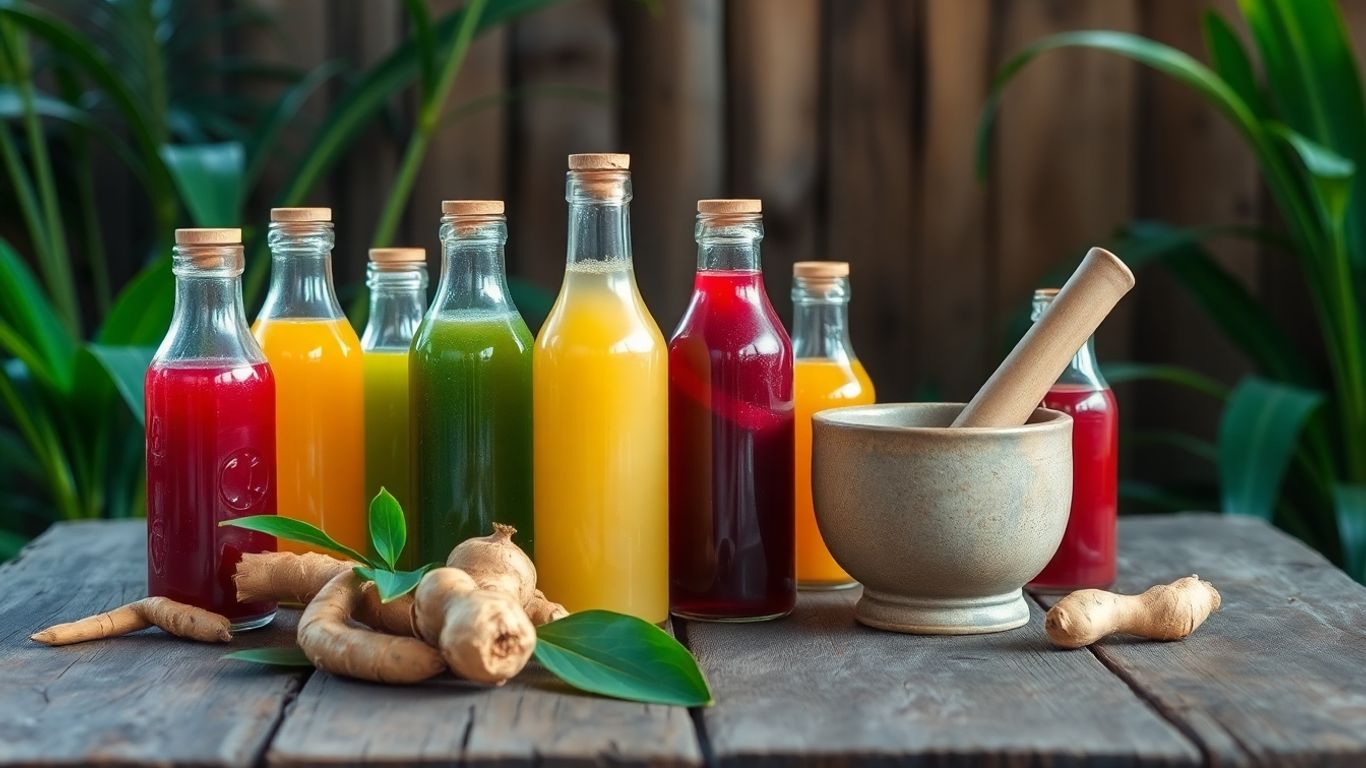 Colorful Balinese jamu drinks with herbs on wooden table