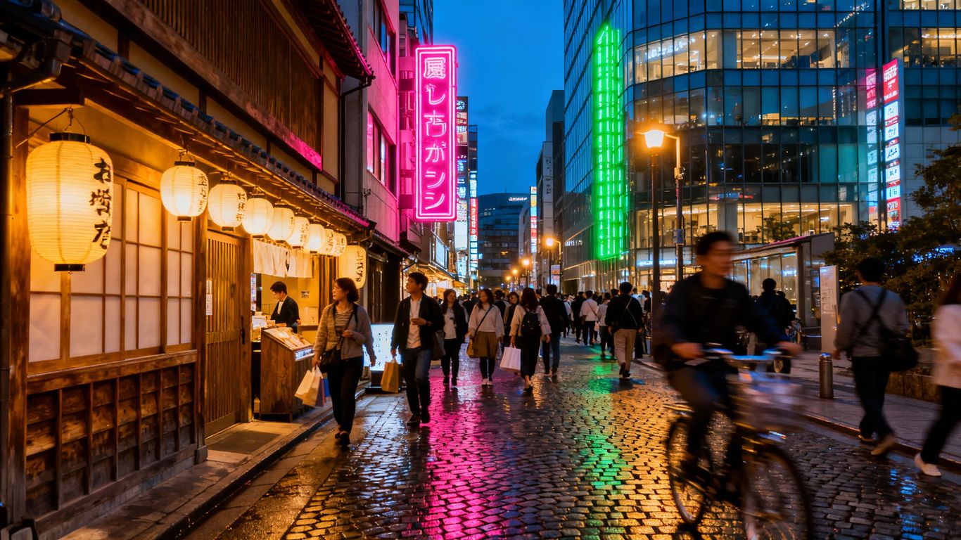 Tokyo street at dusk with neon lights and crowds.