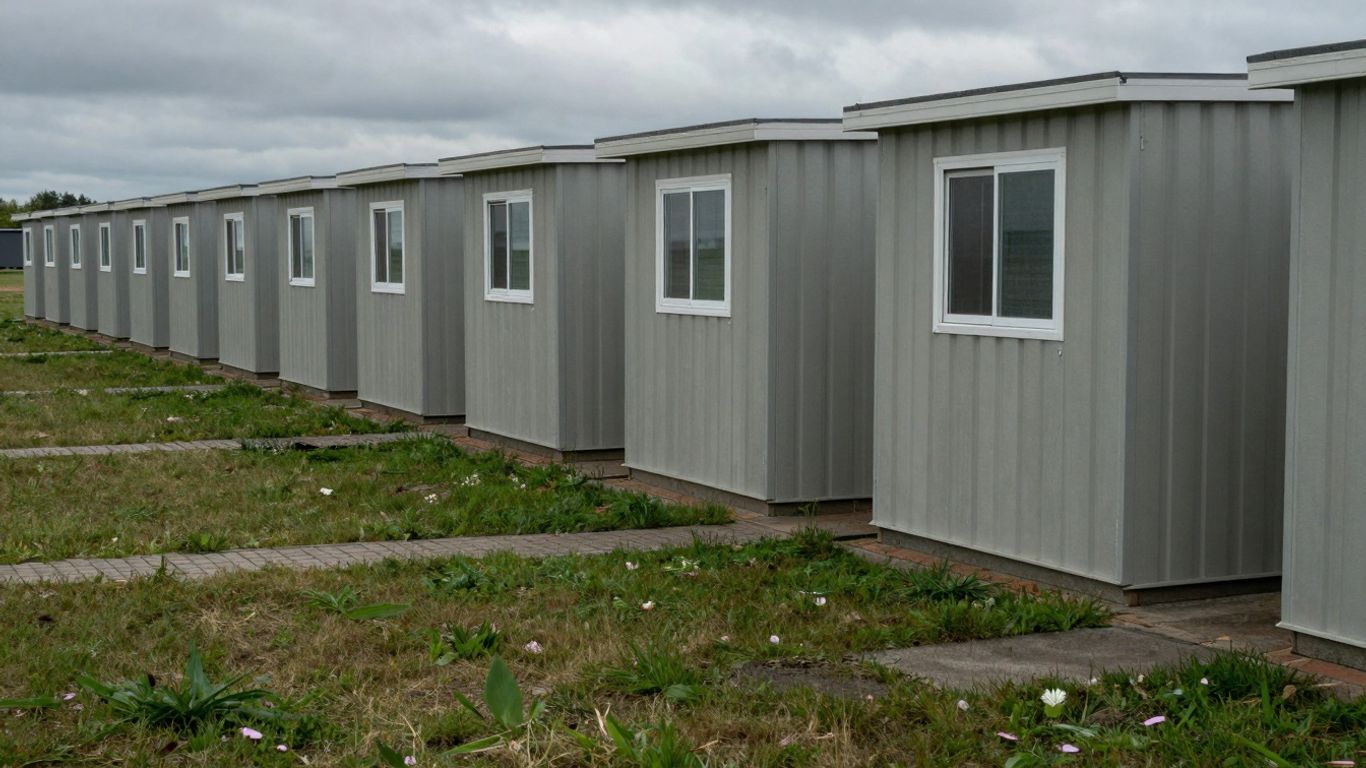 Rows of temporary housing units under a grey sky.