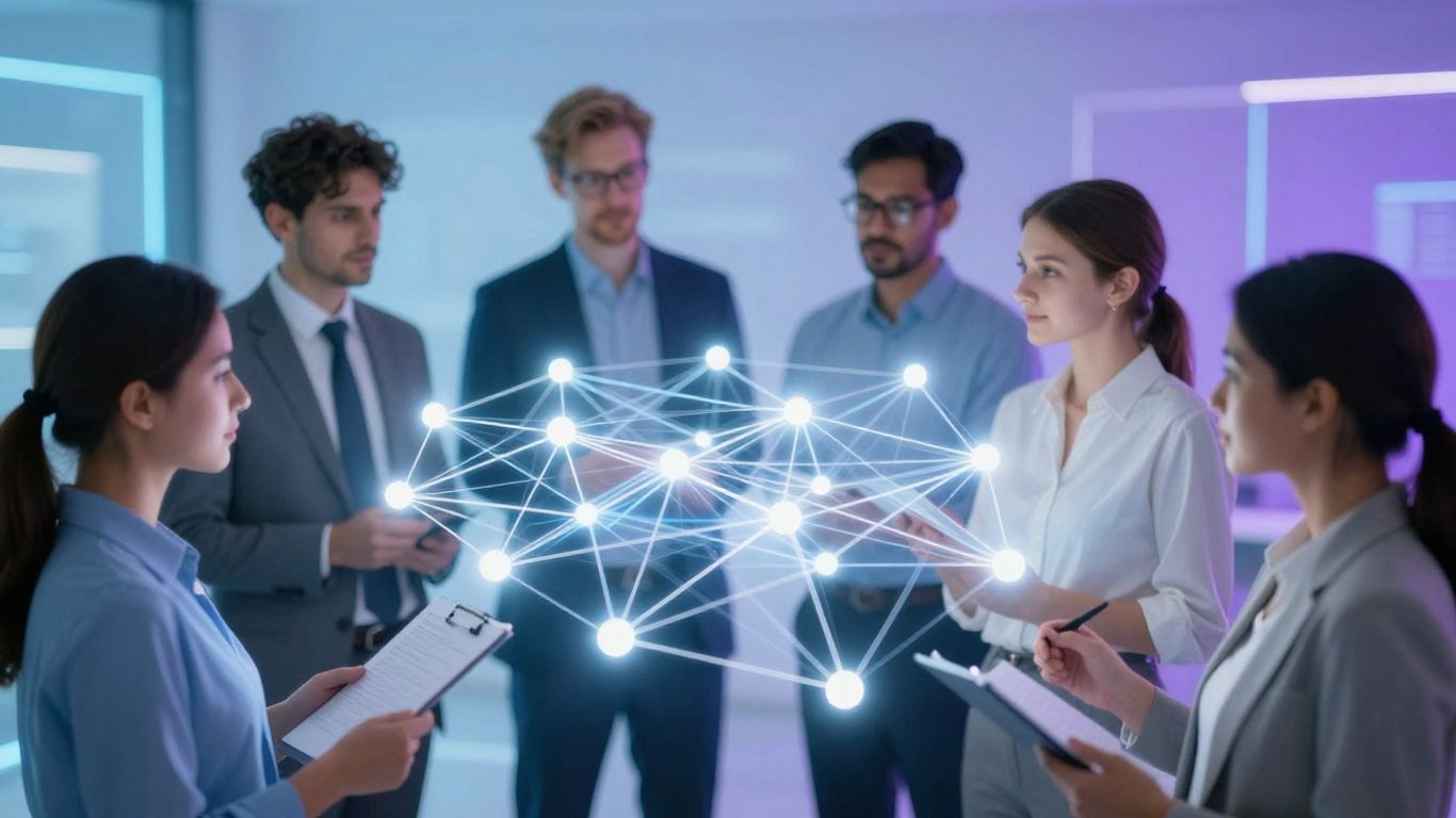 Professionals interacting with a futuristic talent network visualization.