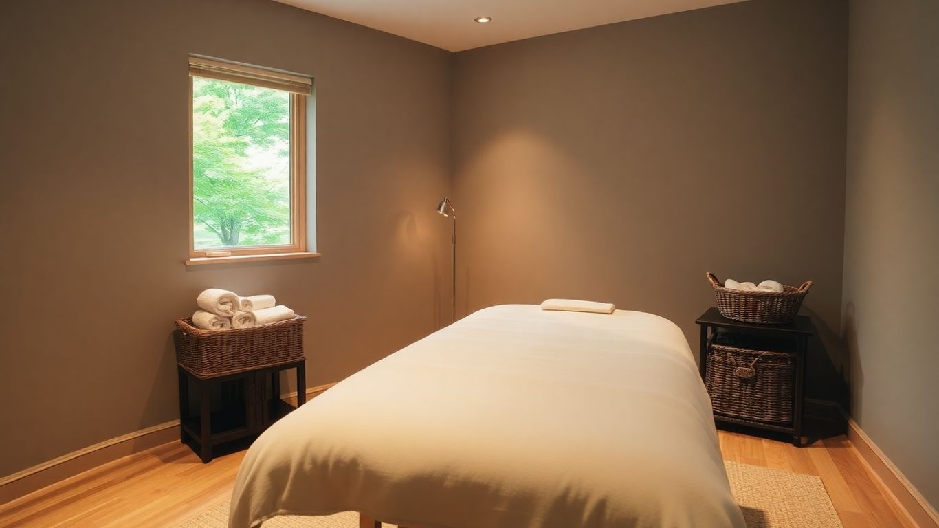 Relaxing massage room with a table and towels.