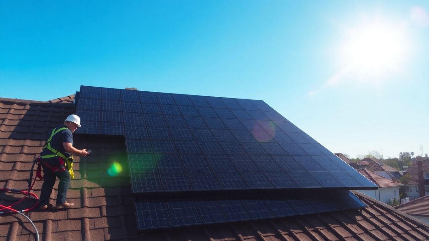 Rooftop solar panel installation with worker and tools.