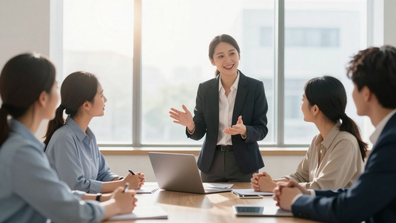 Financial advisor assisting diverse clients in a bright office.