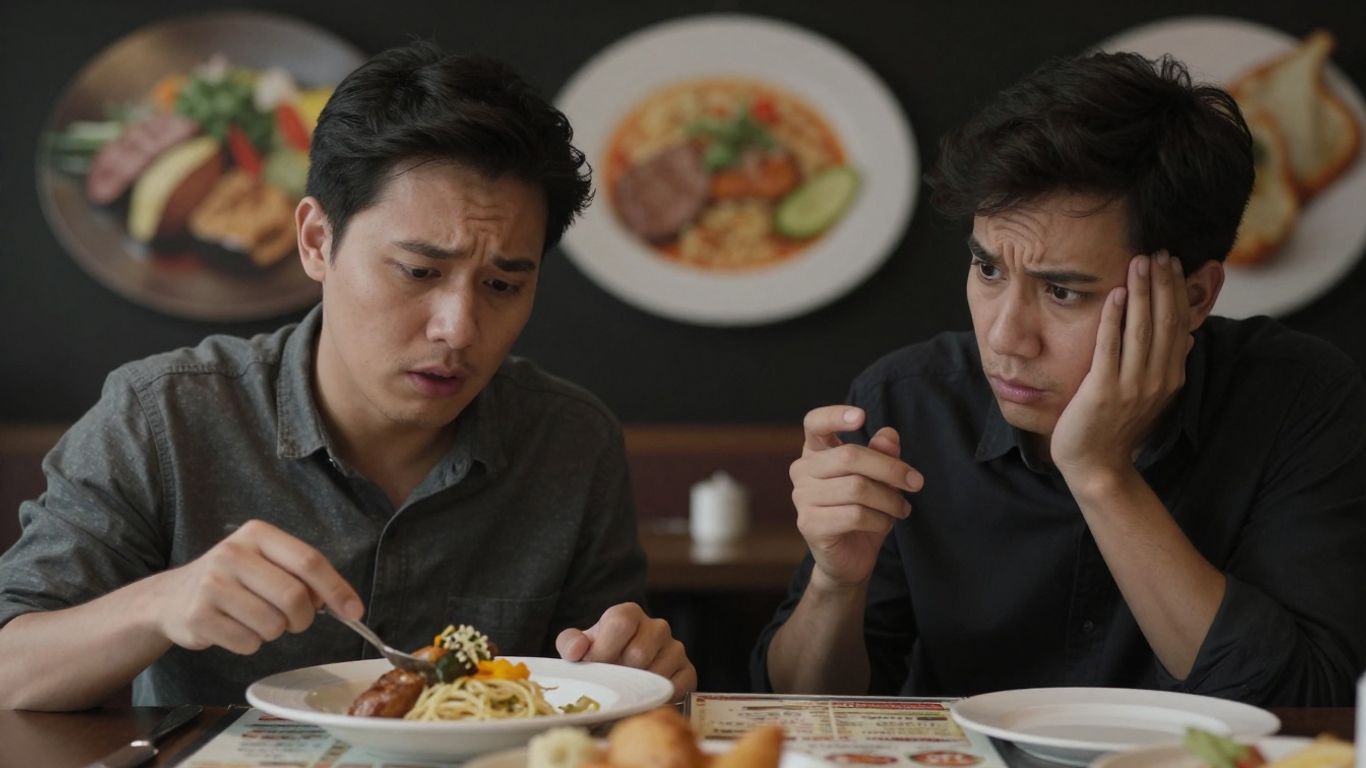 Cuplu confuz la un restaurant, alegând mâncarea.