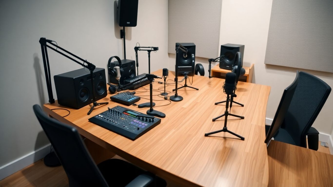 Podcast studio table with microphones and headphones.