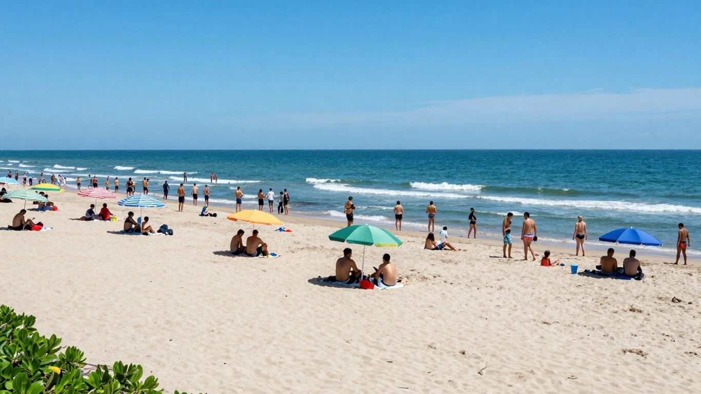 Druk strand met veel mensen en parasols op een zonnige dag.