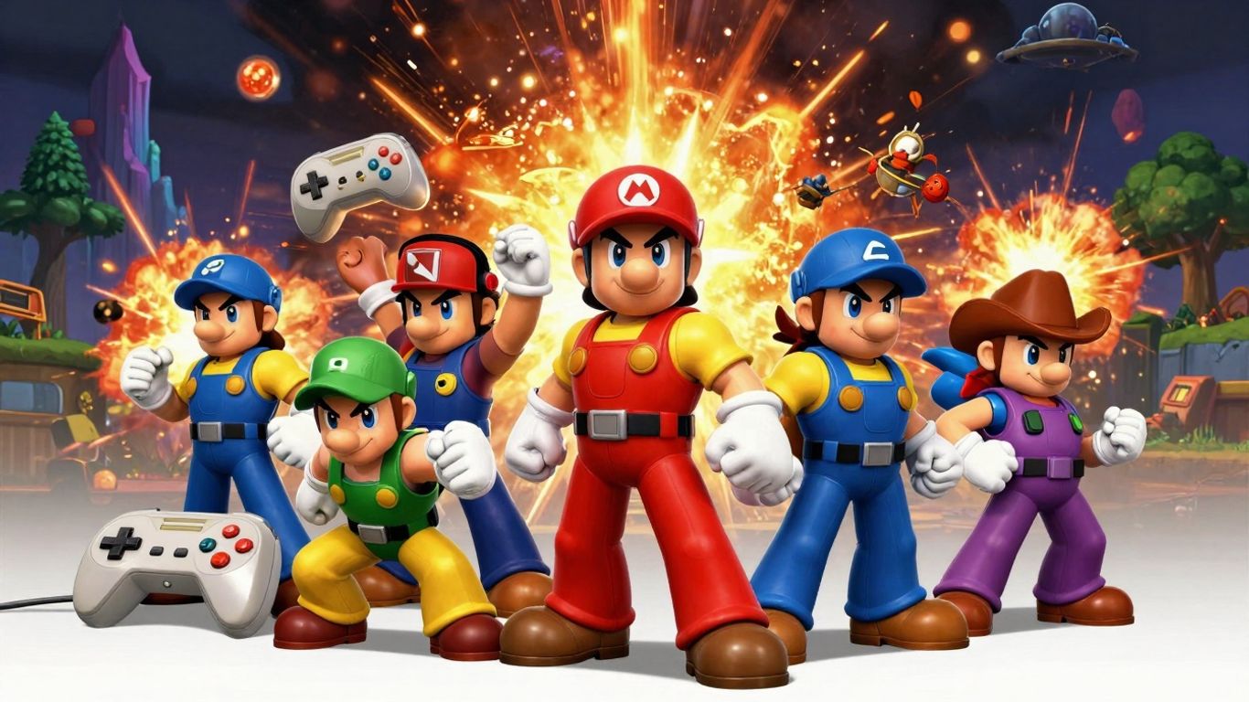 Collage of classic 2006 video game characters and controllers.