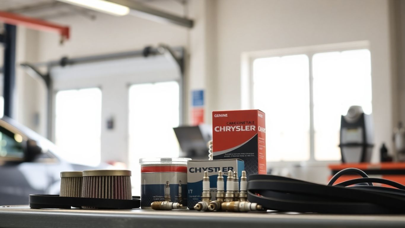 Genuine Chrysler parts laid out for vehicle maintenance.