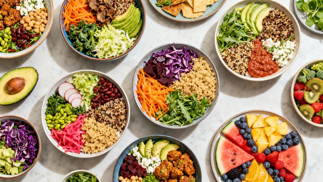 Gluten-free and vegan food spread on a table.