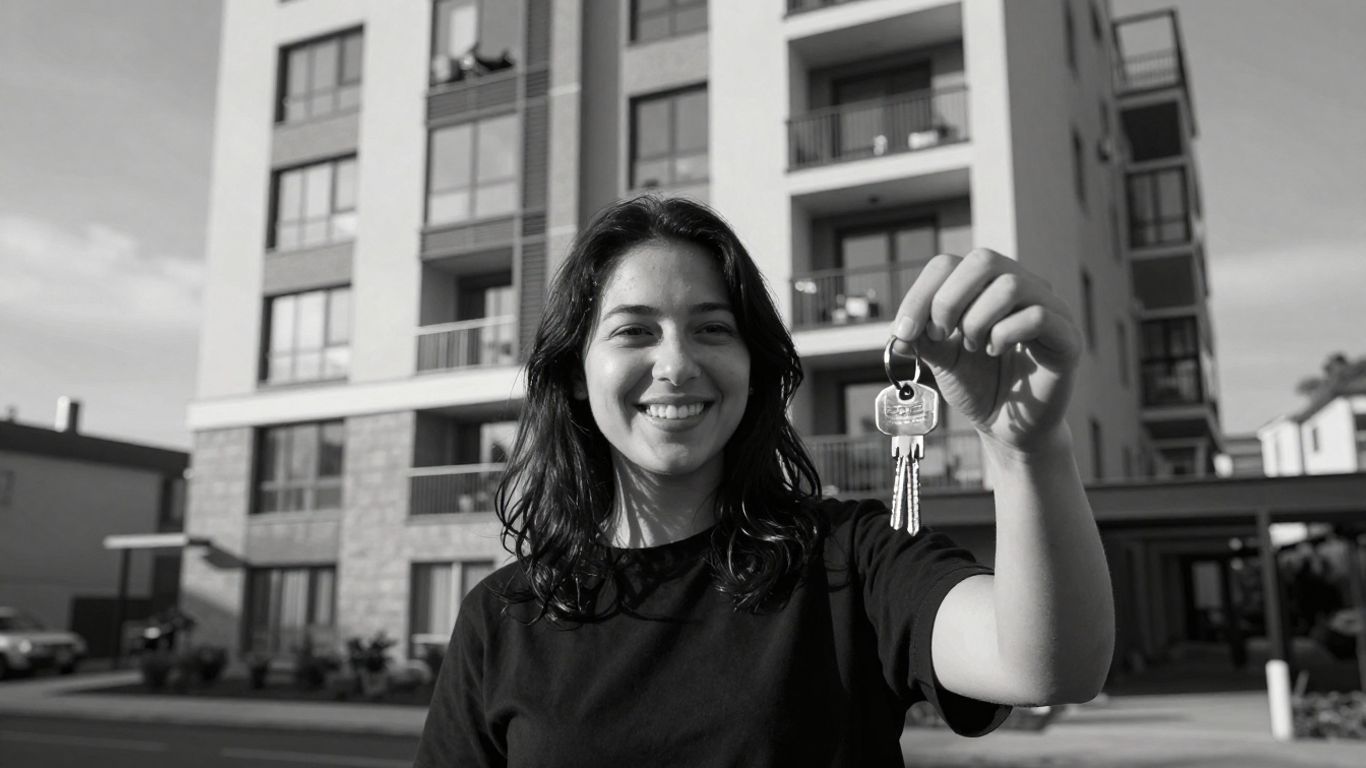 Persona feliz con llaves frente a un edificio de apartamentos.