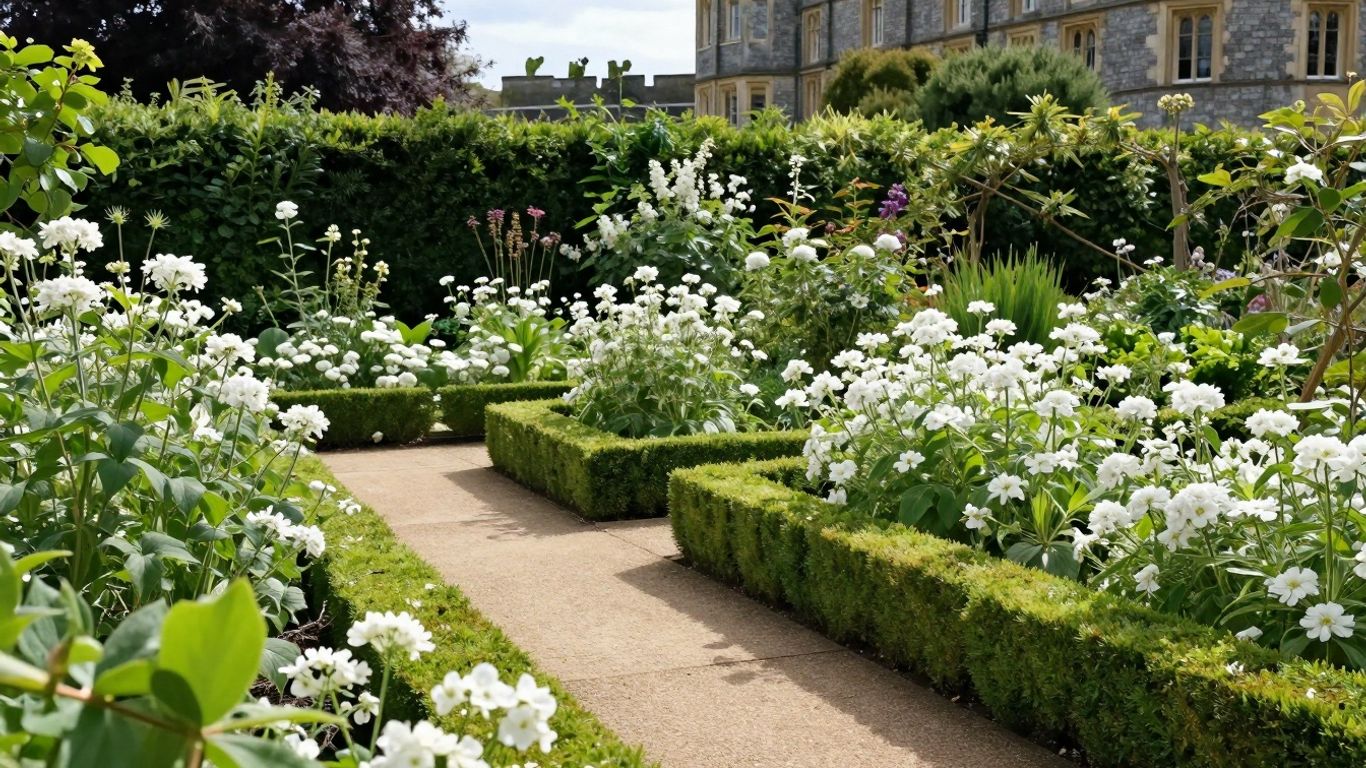 Bloeiende witte tuin met bloemen en paden bij Sissinghurst.