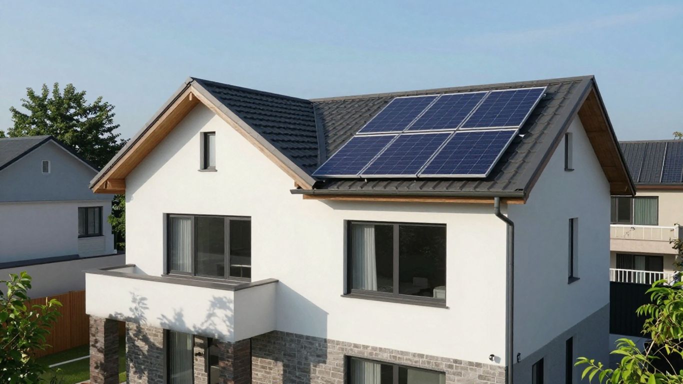 Maison avec panneaux solaires sous le soleil.