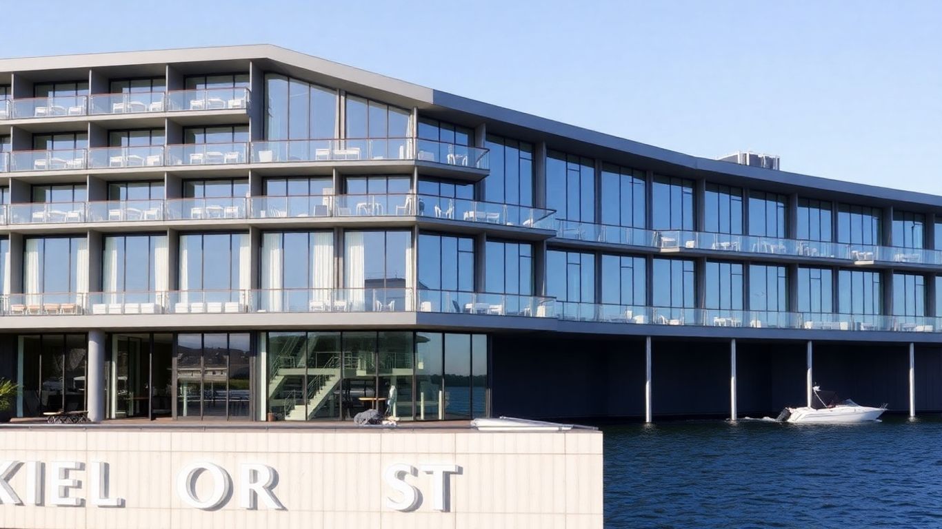 Moderne Hotelunterkünfte mit Blick auf das Wasser in Kiel