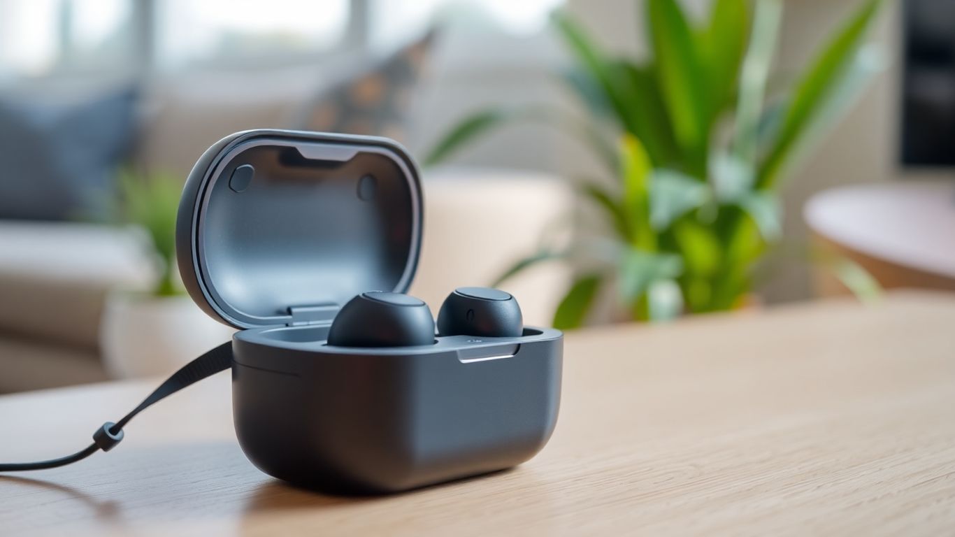 Modern wireless earbuds in a charging case on table.