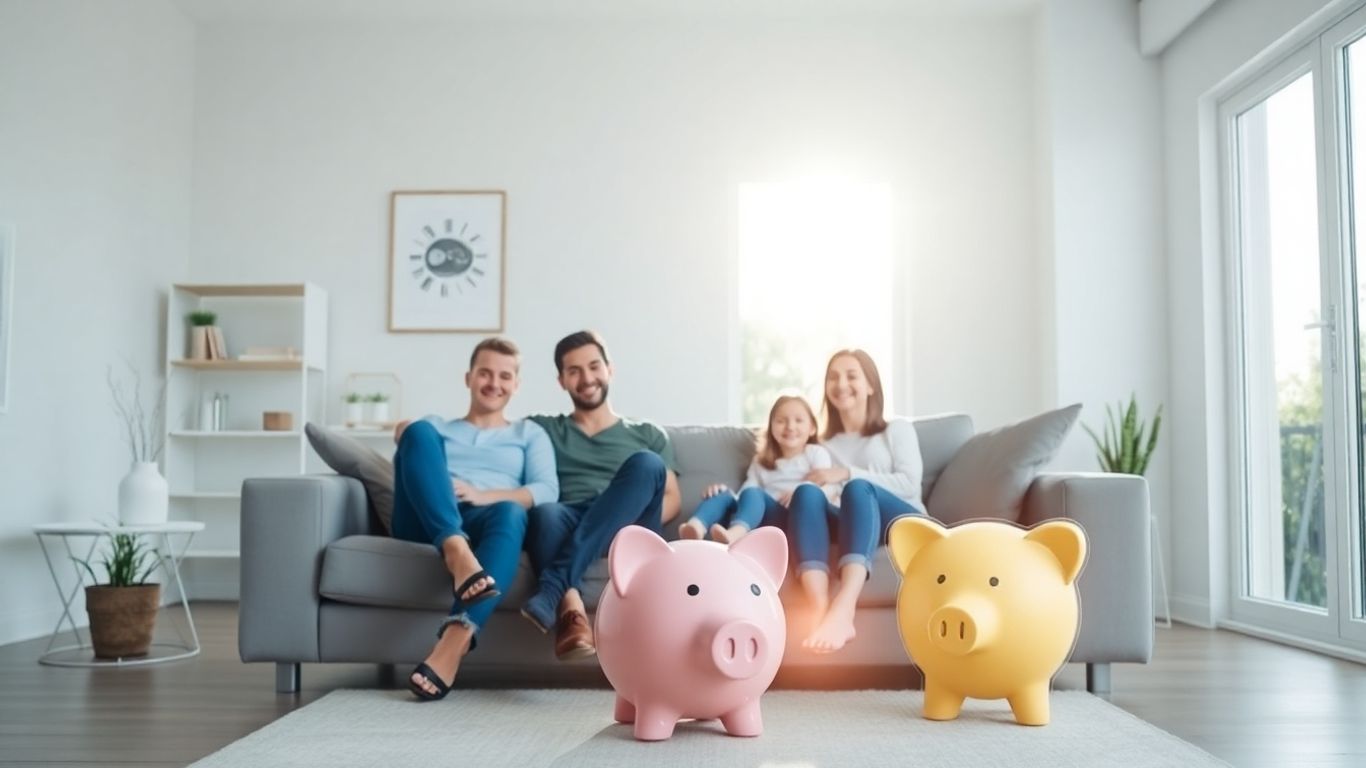 Familia feliz en sala de estar con seguro del hogar.
