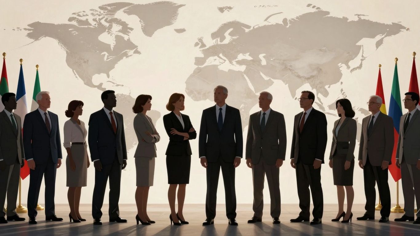 Lideri mondiali uniți, steaguri naționale, glob stilizat.