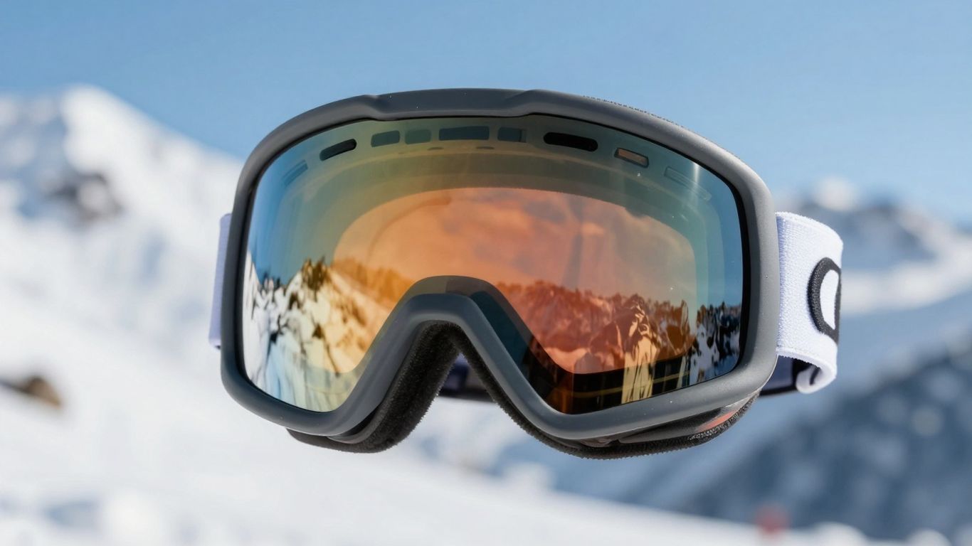 Moderne Skibrille mit verspiegelter Linse im Schnee