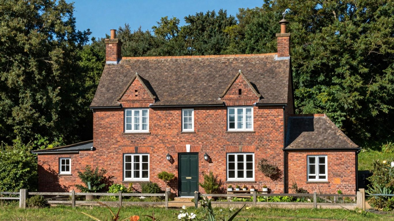 Ceglany dom na wsi wśród zieleni.