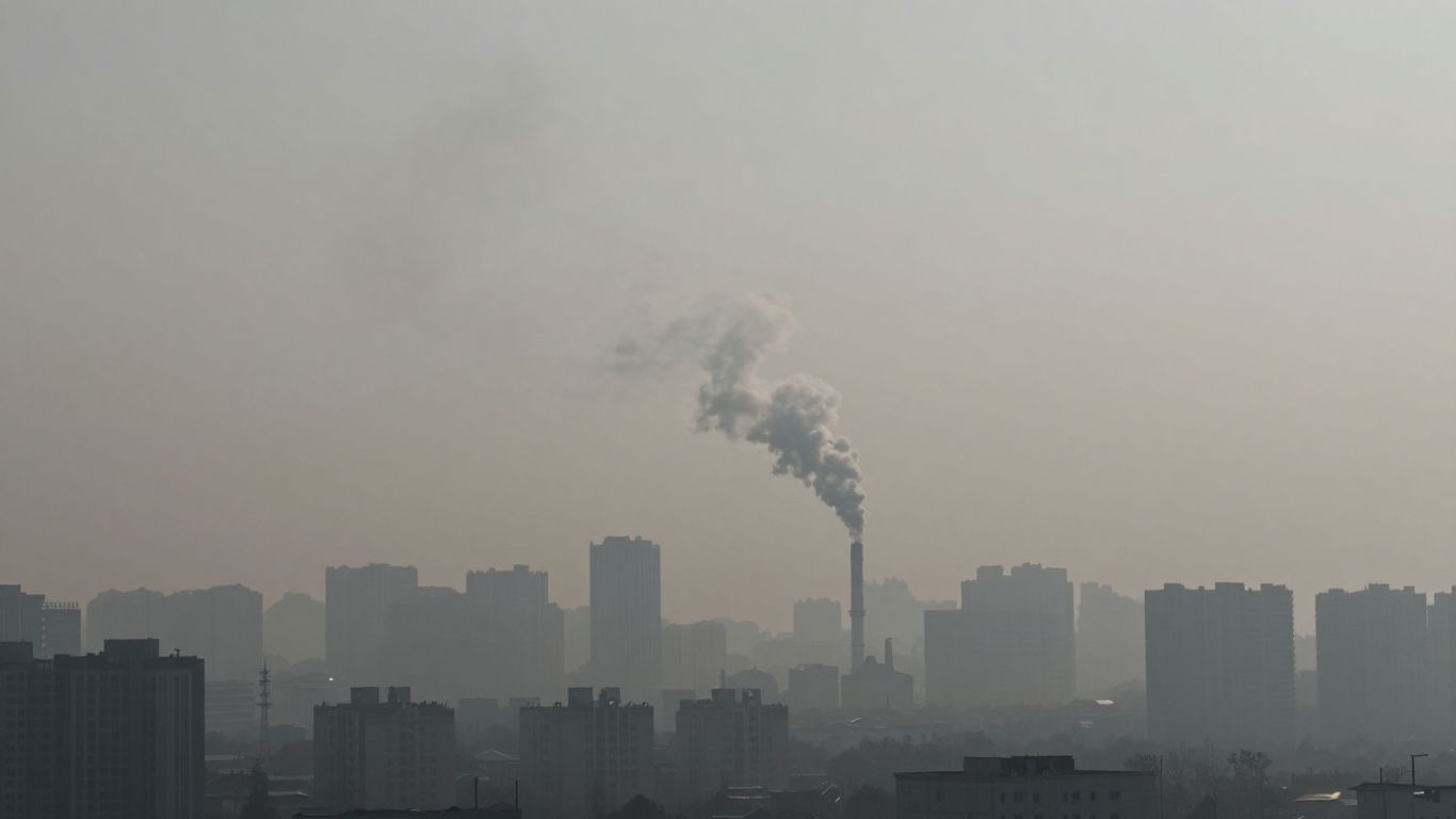 Oraș acoperit de smog și fum industrial.