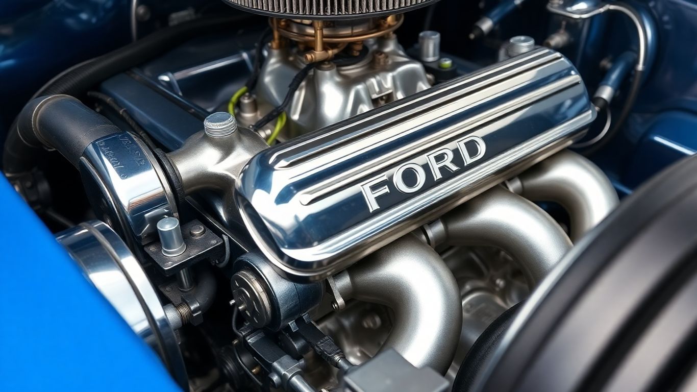 Reconditioned Ford engine with visible metal parts and hoses.
