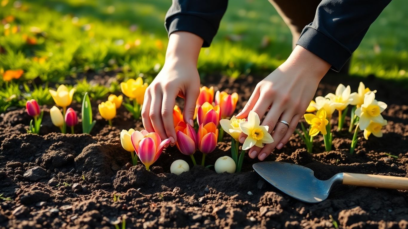 Hände pflanzen Blumenzwiebeln in feuchte Erde im Garten