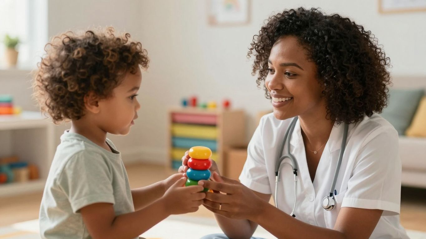 Pediatric SLP working with a child in a therapy room.