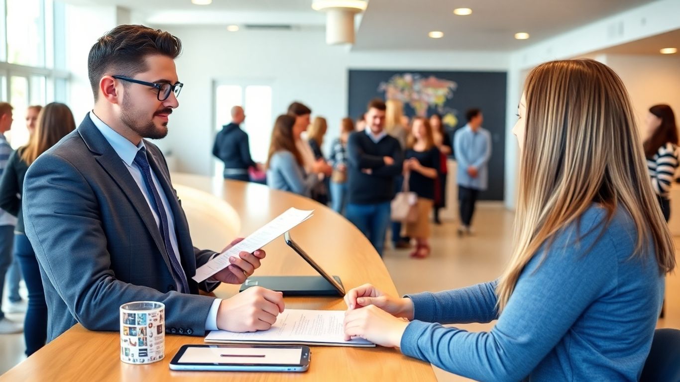 Hostel manager interviews diverse staff in welcoming UK hostel