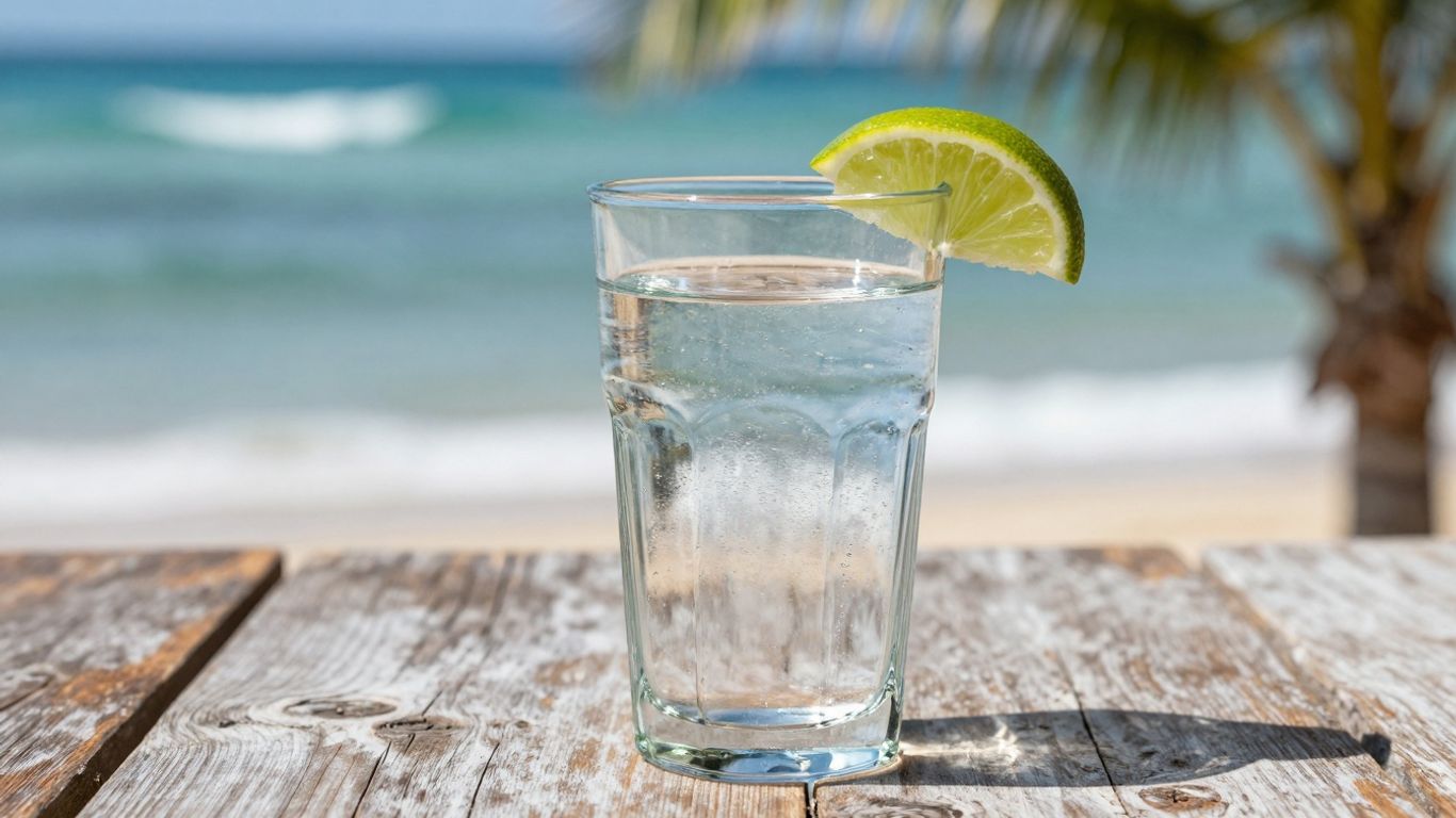 Glass of water with lime on a beach table.