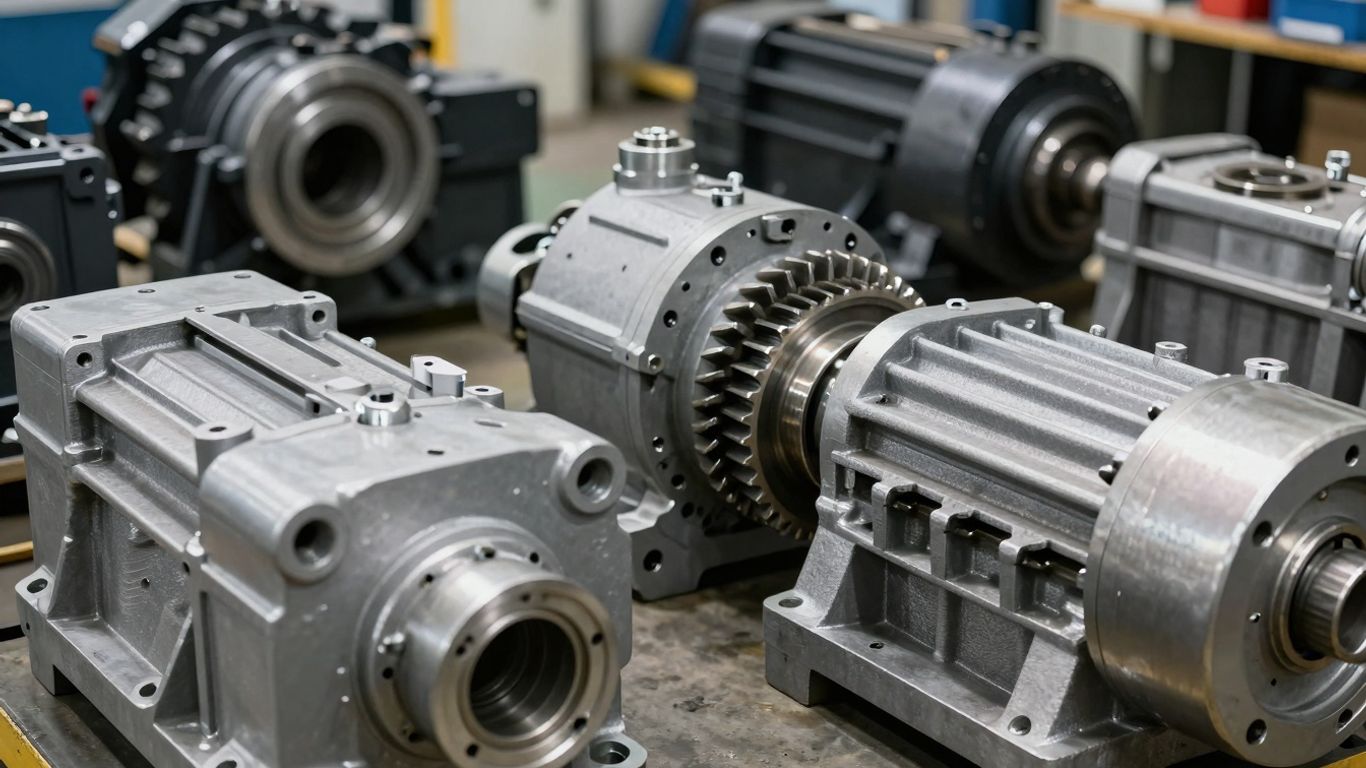 Industrial gearboxes on a factory floor.