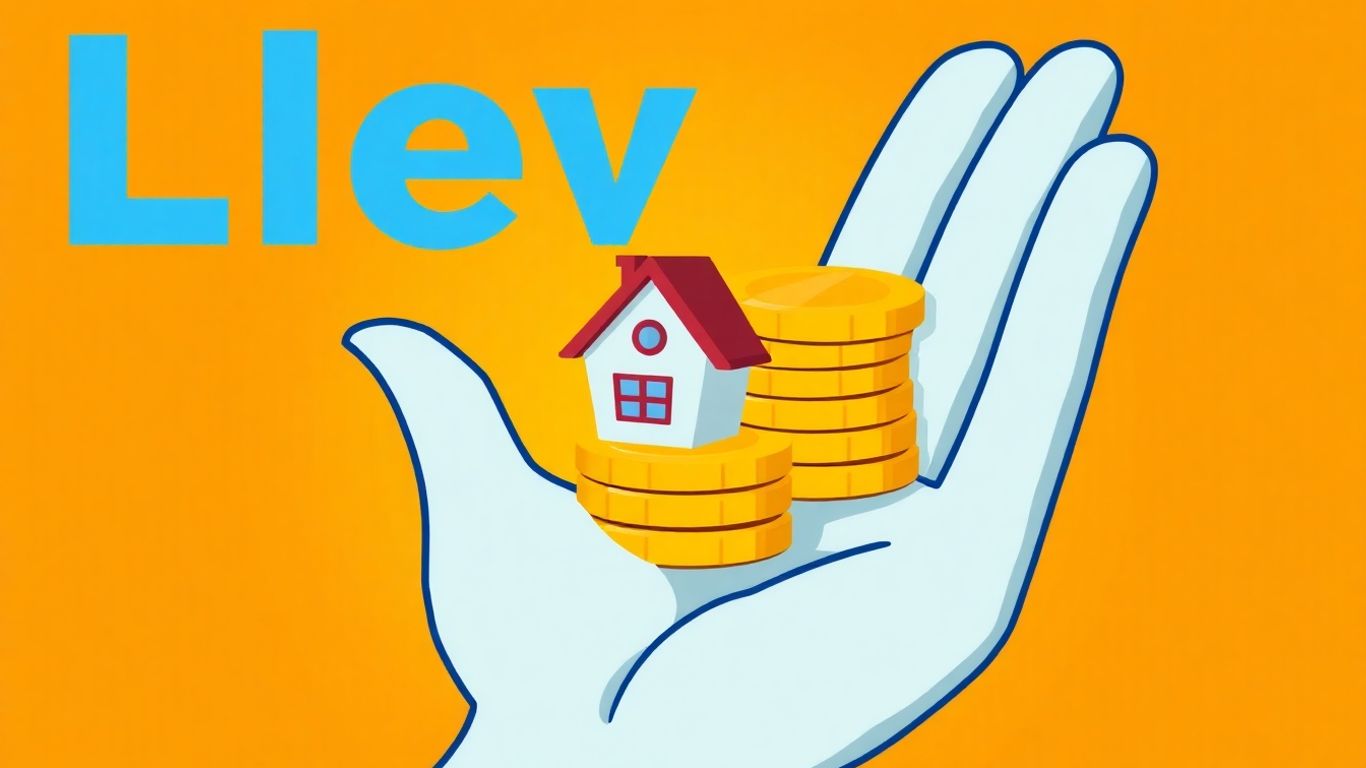 Cartoon hand holding coins near a house.